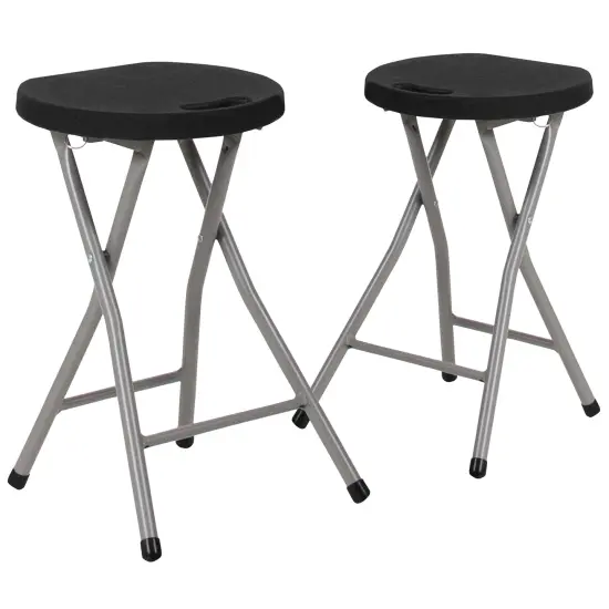 Emma and Oliver 2 Pack Foldable Stool with Plastic Seat and Powder Coated Frame Black {1}