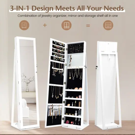 FreeStanding Lockable Jewelry Storage Organizer with Full-Length Mirror White {4}