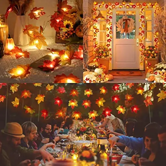 4 Pieces Total 40Ft Fall Decorations Maple Leaf Lights Garland, 80LED Lights Battery Operated Fall Leaves Garland with Lights Wedding Autumn Harvest Lights String Home Indoor Outdoor Thanksgiving Decor {1}