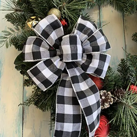 Buffalo Plaid Christmas Wreath Bow - 10" Wide, 18" Long Pre-Tied Bow, Black and White Checkers, Fall Decor, Door Decoration, Swag, Wreath, Garland, Boxing Day, Winter, Thanksgiving {5}