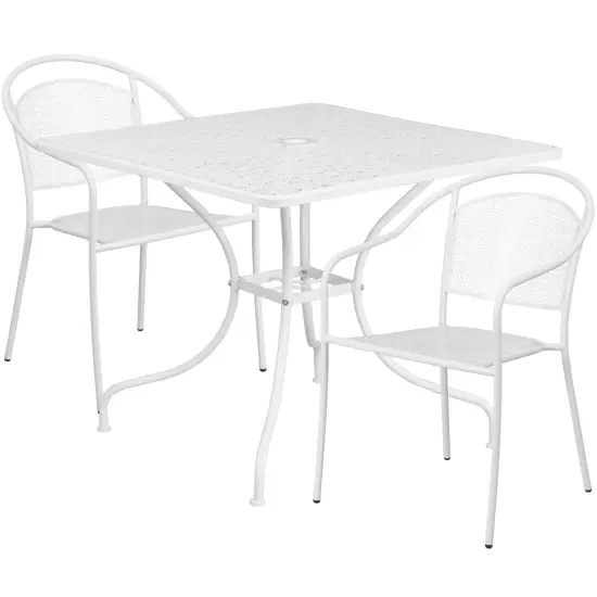 Emma and Oliver Commercial 35.5" Square Metal Garden Patio Table Set w/ 2 Round Back Chairs Light Gray {5}