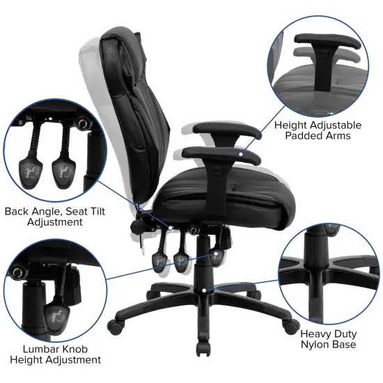 Emma and Oliver High Back Leather Multifunction Executive Swivel Ergonomic Office Chair with Lumbar Support Knob with Arms Black {2}