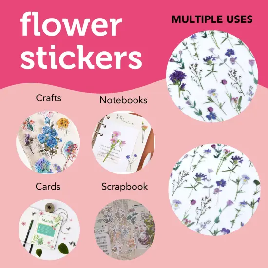 Incraftables Self Adhesive Flower Stickers for Kids (80pcs). Natural Flower Stickers for Scrapbooking. Large & Small Flower Stickers for Water Bottles. Transparent Spring Floral Decals for Crafts {4}