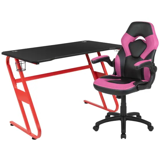 Emma and Oliver Gaming Desk and Racing Chair Set with Cup Holder and Headphone Hook Pink {1}