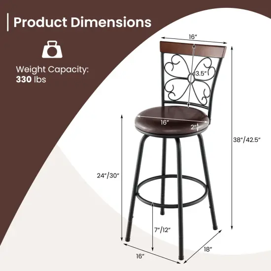 2 Pieces 24-Inch Adjustable PU Cushioned Swivel Barstools with 4 Additional Leg Tubes {5}