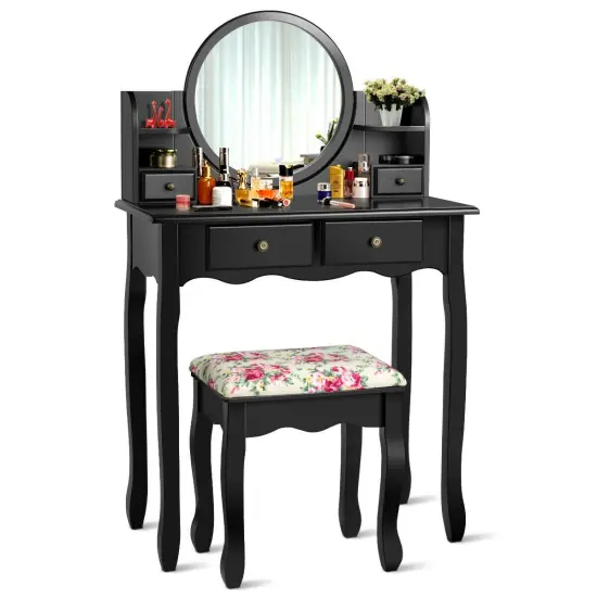 Makeup Vanity Table Set Girls Dressing Table with Drawers Oval Mirror Black {4}