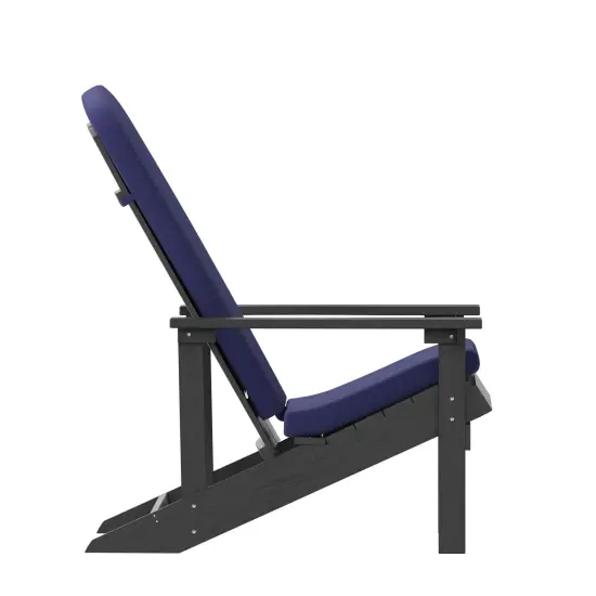 Merrick Lane Riviera Set of 2 Weather Resistant Adirondack Patio Chairs With Vertical Lattice Backs and Comfort Foam Cushions Teak/Blue {10}