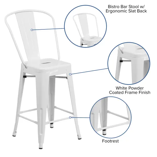 Merrick Lane Dothan Series Metal Stool with Removable Back for Indoor-Outdoor Use White {2}