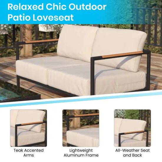 Merrick Lane Eastport Outdoor Loveseat with Removable Plush Fabric Cushions and Teak Accented Aluminum Frame Light Gray {2}