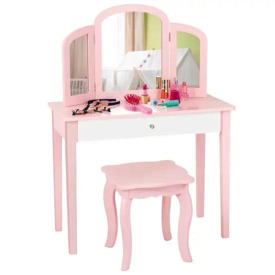 Kids Princess Make Up Dressing Table with Tri-folding Mirror and Chair Pink {1}