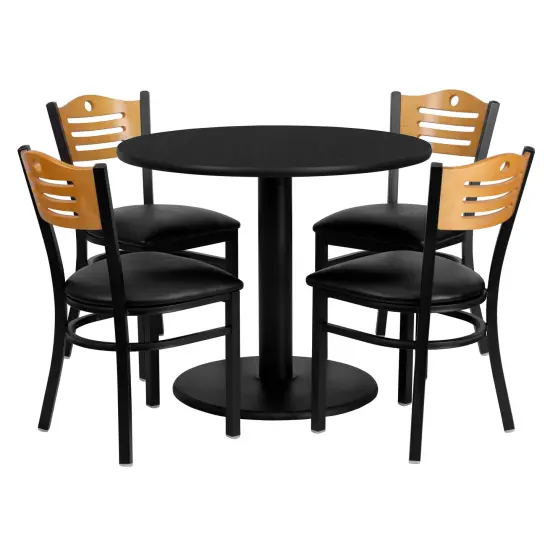 Emma and Oliver 36'' Round Laminate Table Set with 4 Wood Slat Back Metal Chairs Black {1}
