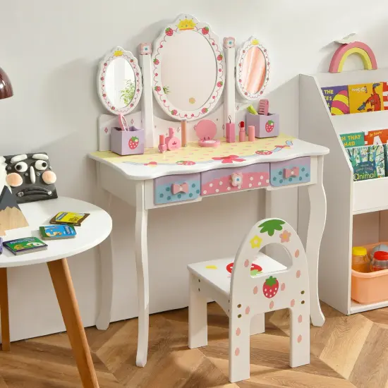 Kids Vanity Princess Makeup Dressing Table Chair Set with Tri-fold Mirror White {2}