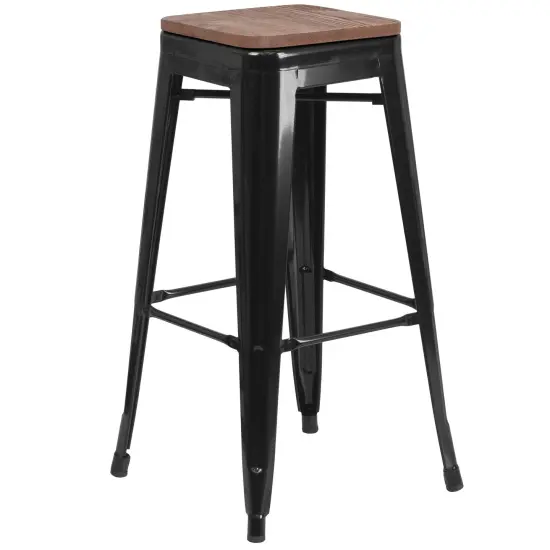 Merrick Lane Dalton Series Backless Metal Dining Stool with Wooden Seat for Indoor Use White {6}