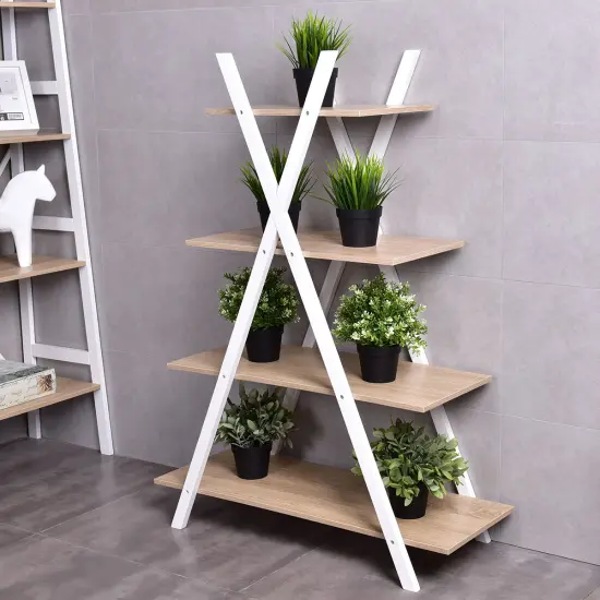 Costway 4-Tier Bookshelf Storage Display Shelves Bookcase Ladder X-Shape {2}