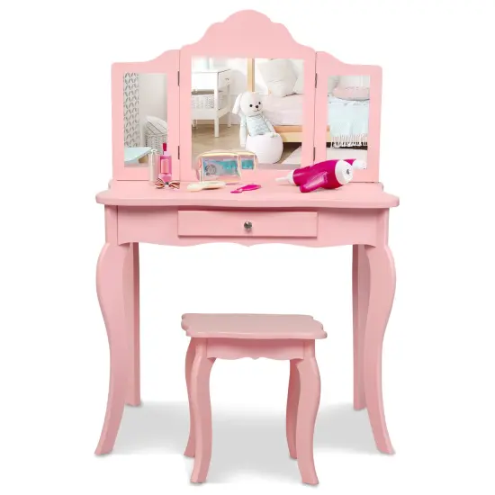 Kids Makeup Dressing Mirror Vanity Table Stool Set Pink {4}