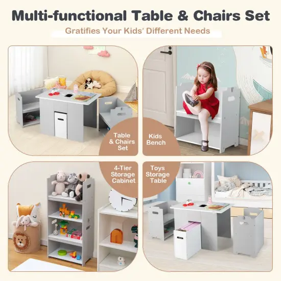 4-in-1 Kids Table and Chairs with Multiple Storage for Learning-Grey {6}