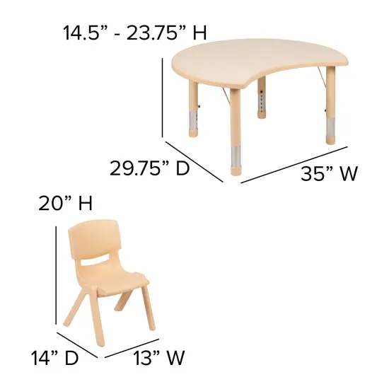 Emma and Oliver 25.125"W x 35.5"L Crescent Plastic Adjustable Kids Table Set - 4 Chairs Natural {5}