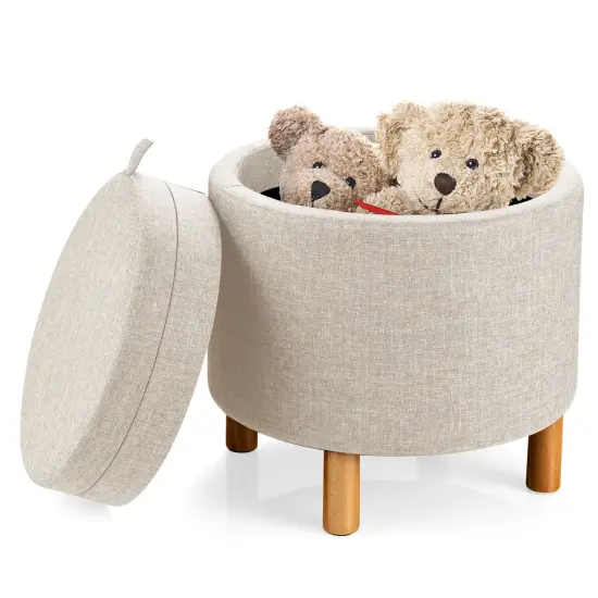 Round Storage Ottoman with Tray Top Accent Padded Footrest Beige {3}