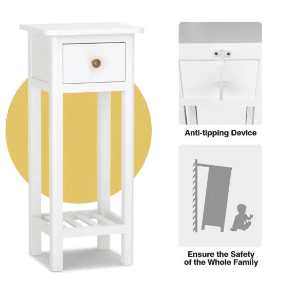 2 Tier Slim Rectangular Bedside Table Nightstand with Open Shelf and Small Drawer White {6}