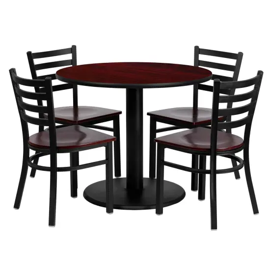 Emma and Oliver 36'' Round Laminate Table Set with 4 Ladder Back Metal Chairs Mahogany {1}