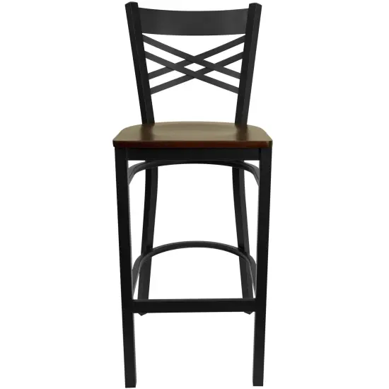 Emma and Oliver 2 Pack "X" Back Metal Restaurant Barstool Mahogany/BlackMetal {2}