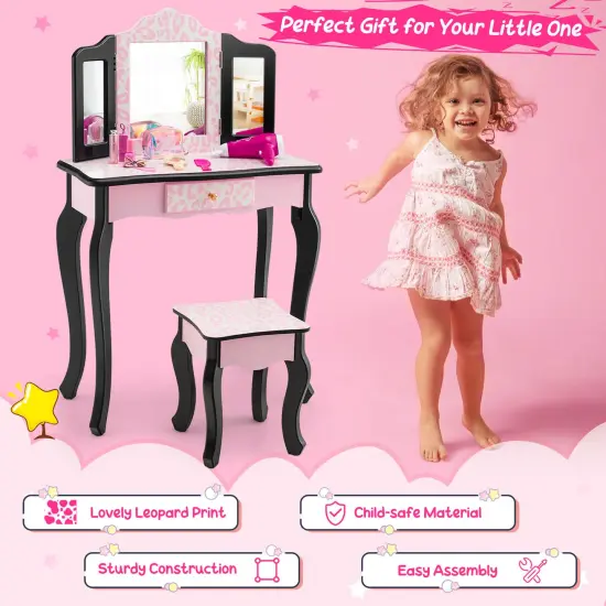 Kid Vanity Set with Tri-Folding Mirror and Leopard Print-Pink {5}