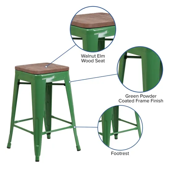 Merrick Lane Dalton Series Backless Metal Dining Stool with Wooden Seat for Indoor Use Green {4}