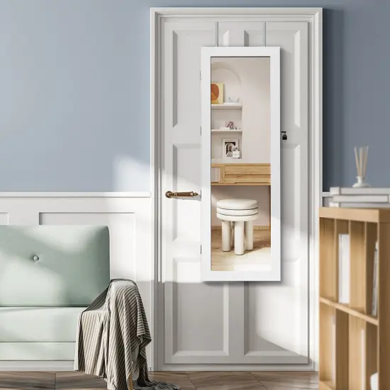 Lockable Wall Mount Mirrored Jewelry Cabinet with LED Lights White {3}