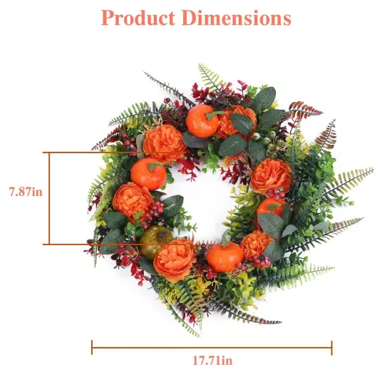 17.71 Inch Autumn Wreath with Pumpkin Mixed Leaves Berries Flowers Fall Decoration {4}
