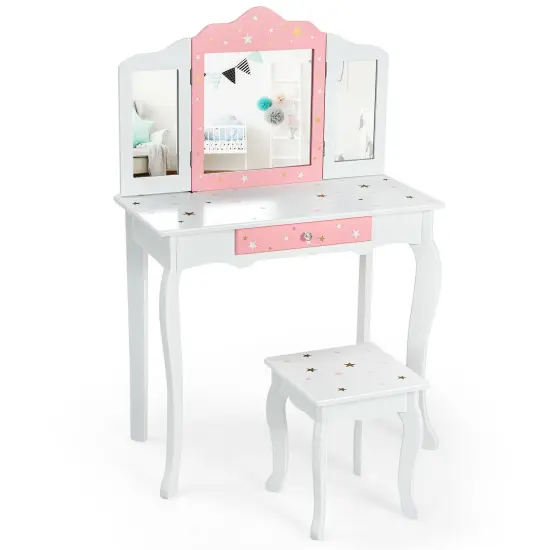 Kids Vanity Princess Makeup Dressing Table Chair Set with Tri-folding Mirror White {2}