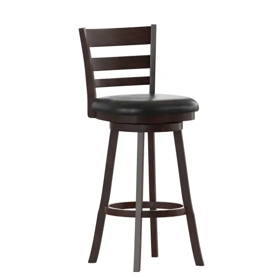 Merrick Lane Silla 30" Classic Wooden Ladderback Swivel Bar Height Stool with Upholstered Padded Seat and Integrated Footrest Espresso/Black {1}