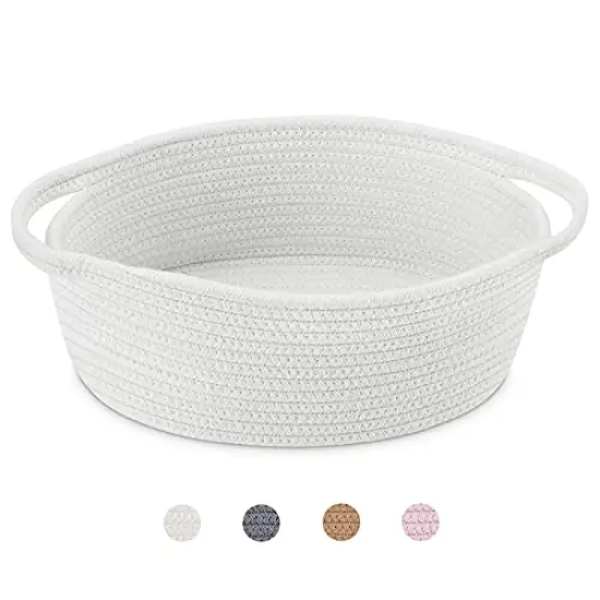 ABenkle Cute Small Woven Basket with Handles, 12"x 8" x 5" Rope Room Shelf Storage Basket Chest Box for Cat and Dog Toys, Empty Decorative Gift - White {1}