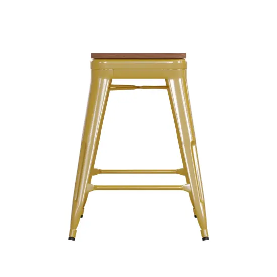 Emma and Oliver Kam Backless Metal Indoor-Outdoor Stool with All-Weather Polystyrene Seat Yellow/Teak {3}