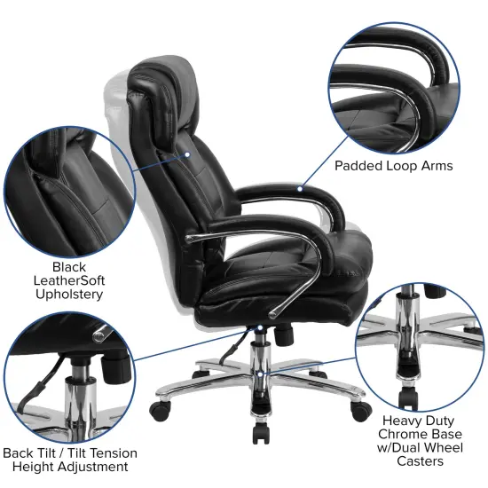 Emma and Oliver 24/7 500 lb. Big & Tall Executive Swivel Ergonomic Office Chair with Loop Arms Black LeatherSoft {2}
