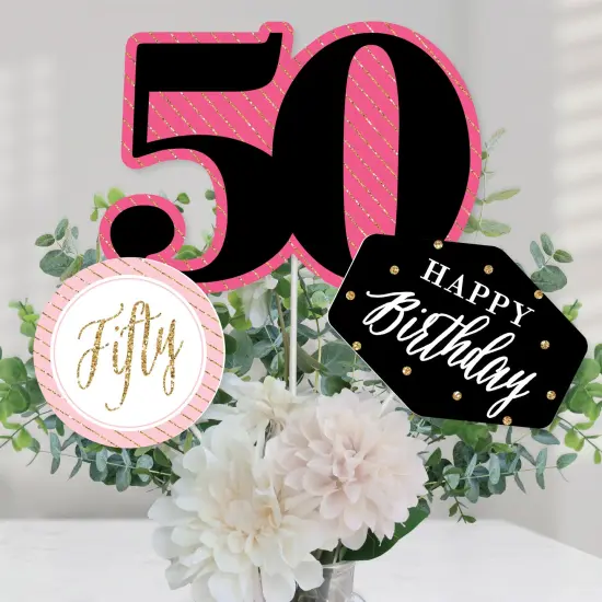 Big Dot of Happiness Chic 50th Birthday - Pink, Black and Gold - Birthday Party Centerpiece Sticks - Table Toppers - Set of 15 {1}