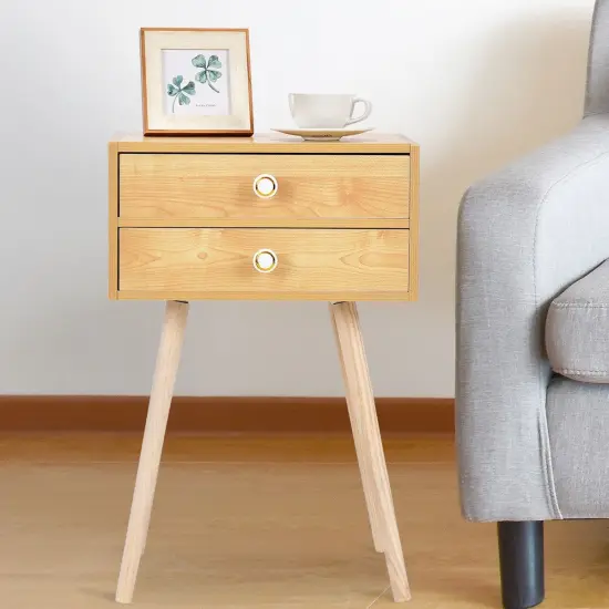 Modern Floor Standing 2 Drawers Nightstand with Wooden Legs and Golden Knob Natural {3}