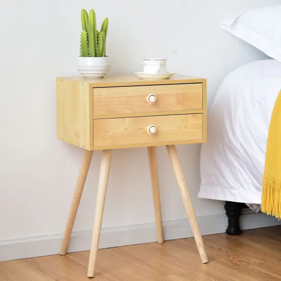 Modern Floor Standing 2 Drawers Nightstand with Wooden Legs and Golden Knob Natural {2}