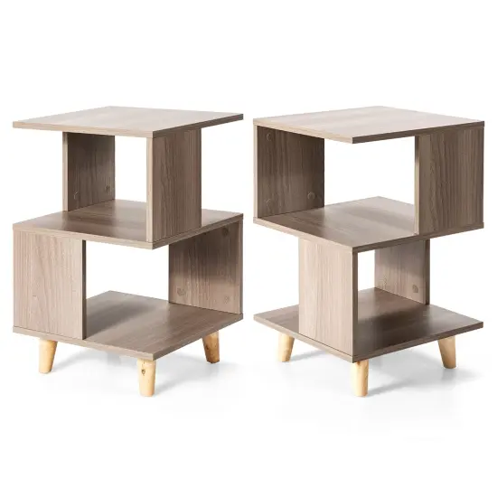 2 Pieces Wooden Modern Nightstand Set with Solid Wood Legs for Living Room {3}