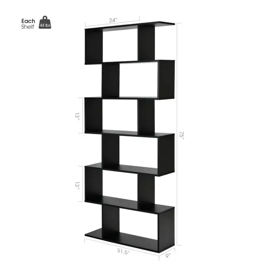 6 Tier S-Shaped Bookshelf Storage Display Bookcase Decor Z-Shelf Black {5}