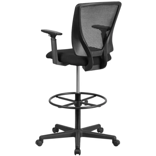 Emma and Oliver Ergonomic Mid-Back Mesh Drafting Chair with Fabric Seat, Adjustable Foot Ring and Arms Black {4}