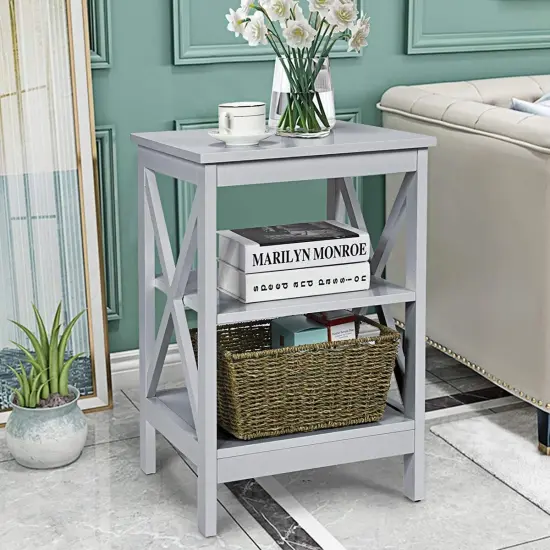 Nightstand 3-Tier X-Design with Storage Shelves Grey {3}