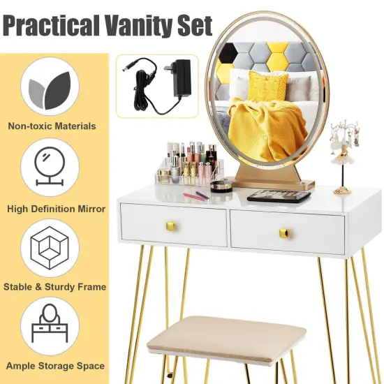 Makeup Dressing Table Included Soft Cushion Seat Stool with 3 Lighting Modes and 2 Large Drawers White {6}