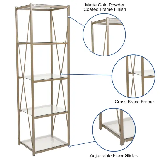 Merrick Lane Doniphan 64" Modern Bookshelf Glass 4-Shelf Bookcase with Powder Coated Cross Braced Frame Clear/Matte Gold {2}