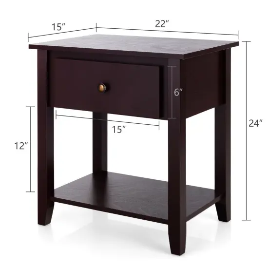 Nightstand with Drawer and Storage Shelf for Bedroom Living Room Dark Brown {4}