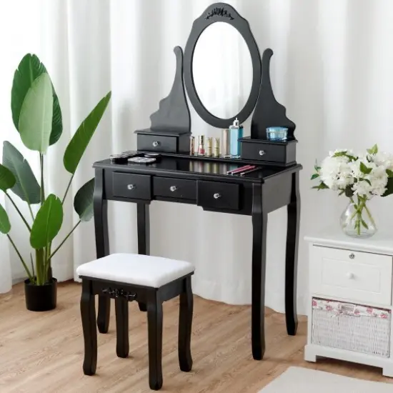 Wooden Vanity Set with 360&deg; Rotating Oval Mirror and Cushioned Stool Black {2}