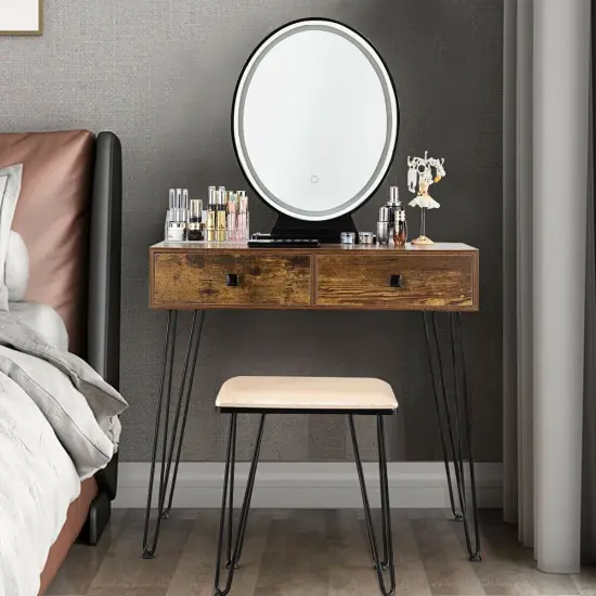 Makeup Dressing Table Included Soft Cushion Seat Stool with 3 Lighting Modes and 2 Large Drawers Rustic Brown {3}