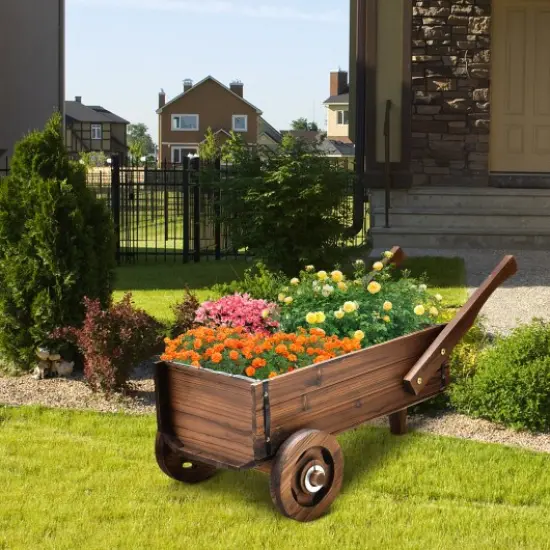 Wooden Wagon Planter Box with Wheels Handles and Drainage Hole-Rustic Brown {1}