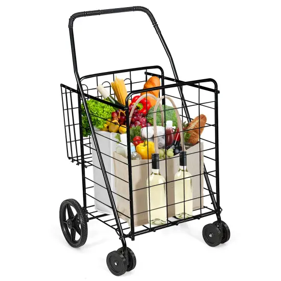 Folding Shopping Cart for Laundry with Swiveling Wheels & Dual Storage Baskets Black {4}