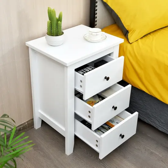 Modern Nightstand End Beside Table with 3 Storage Drawers and Open Platform White {3}