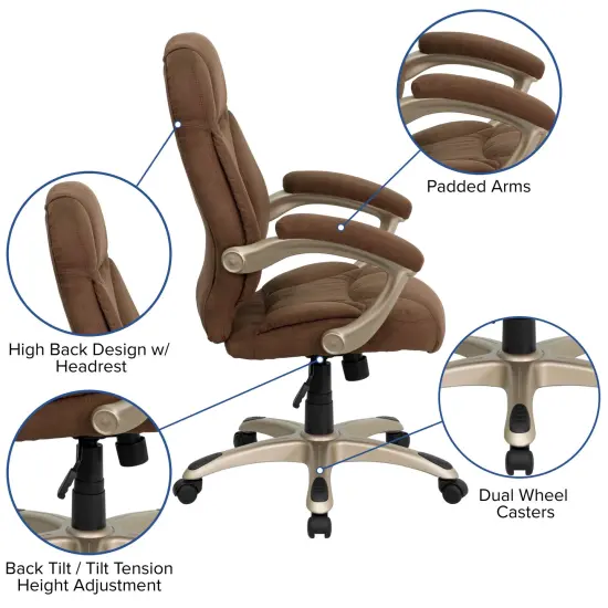 Emma and Oliver High Back Executive Ergonomic Office Chair with Silver Nylon Base and Arms Brown Microfiber {2}